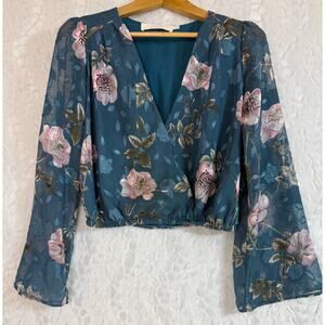 ASTR The Label Teal Blue Sheer Bell Sleeve Embroidered Floral V-Neck Blouse XS